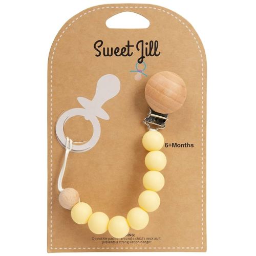 Pacifier Clip Made with Silicone Beads and Secured with Wood Clip. 1 Piece Design. BPA-Free. Chewable. 9" Long. Keeps Pacifiers and teethers securely Fastened. (Yellow)