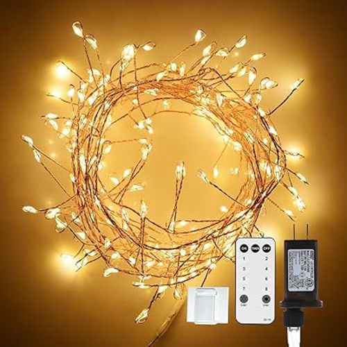 Dailyart Fairy Lights Plug in, 200 Led Twinkle String Light with Remote 10Ft 8 Modes Warm Cluster Lights with Timer for Bedroom Wreath Party Window Wedding Christmas Tree Decoration Gold Wire
