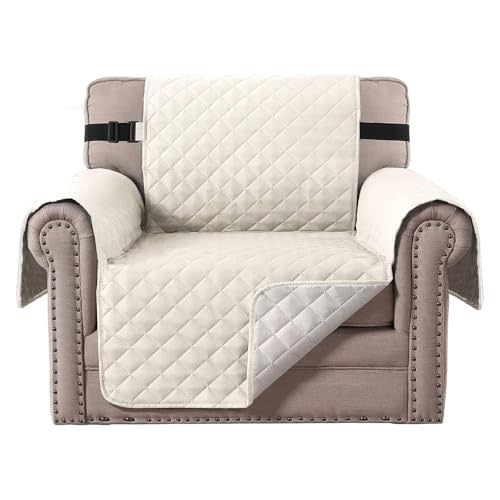 H.VERSAILTEX Chair Slipcover Reversible Chair Cover Water Resistant Couch Cover Washable Chair Cover Non-Slip Fabric Furniture Protector with Elastic Strap for Pets(Armchair, Ivory/Beige)