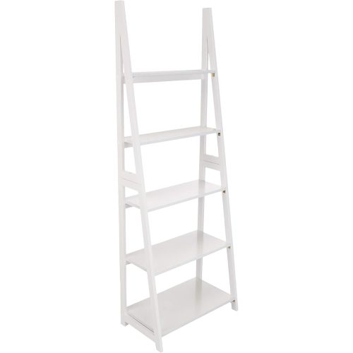 Amazon Basics Ladder Bookshelf Organizer, 5-Tier, Solid Rubberwood Frame, White Finish, 14 D x 24.8 W x 70.1 H in