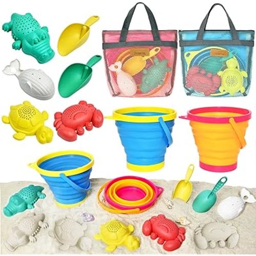 Collapsible Beach Sand Toys for Kids - Travel Beach Toys with 2 Collapsible Beach Buckets, Mesh Bags, Sand Molds, Sand Scoops, Sand Bucket Shovel Set Sandbox Toys for Toddler Kid Ages 3-10