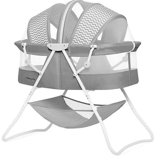 Dream On Me Karley Bassinet in Grey, Lightweight Portable Baby Bassinet, Quick Fold and Easy to Carry , Adjustable Double Canopy, Indoor and Outdoor Bassinet with Large Storage Basket.