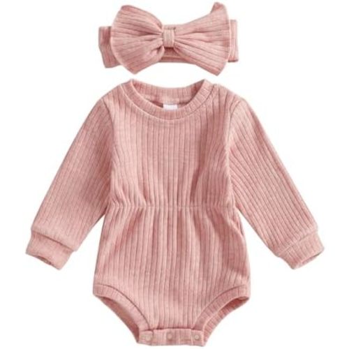 Karwuiio Newborn Baby Girl Fall Outfits Long Sleeve Ribbed Knit Jumpsuit Romper with Headband Infant Clothes Sets