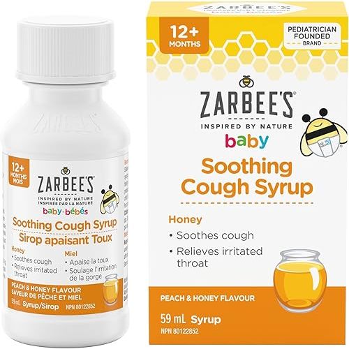 Zarbee's Baby Soothing Cough Syrup, Sore Throat Relief, Naturally Sourced Honey, Dye-Free, Peach & Honey Flavour, 59 mL