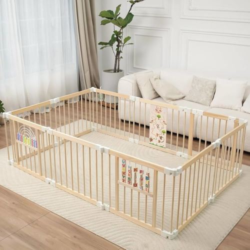 Foldable Wooden Baby Playpen Activity Center,Adjustable Size & Shape Portable Play Yard, Baby Fence Play Area with Gate for Indoor Use for Babies and Toddlers(84x56x24inches)