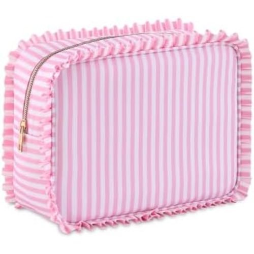 Stripe Ruffle Makeup Bag,Large Travel Cute Cosmetic Bag for Women Girls,Toiletry Bag Make up Organizer 11.8 x 4.7 x 9 inch (Pink Stripe A)