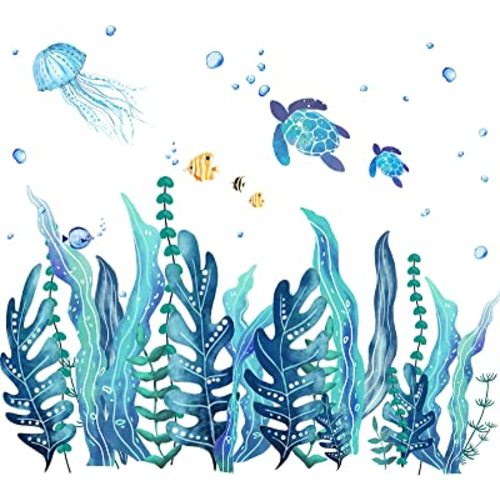 Tenare 5 Sheets Ocean Sea Turtle Wall Decals Stickers Under The Sea Stickers Grass Jellyfish Fish Removable Vinyl Decal for Bedroom Bathroom Nursery Room Wall Decor(Classic Style)