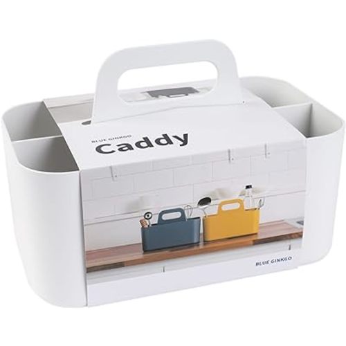 BLUE GINKGO Multipurpose Caddy Organizer - Stackable Plastic Caddy with Handle | Desk, Makeup, Dorm Caddy, Classroom Art Organizers (Made in Korea) - White