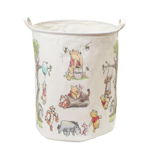 Winnie Nursery Storage Basket, Large Barrel Shaped Canvas Laundry Hamper With A Waterproof PE Coating, Foldable, Bathroom and Bedroom Set, Clothes,Toys Bin, Baby Nursery Hamper Decor(White)