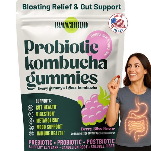 Probiotic Kombucha Gummy - Prebiotics, Probiotics, Postbiotics, Fiber Supplement, Slippery Elm, Dandelion Root, MCT Oil, for Bloating, Gut Health - Probiotics for Women and Men