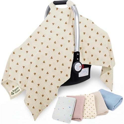 infancie 100% Organic Muslin Cotton Car Seat Cover 35 x 50 Inches Soft Touch Breathable Canopy, Protective Car Seat Cover Baby All Seasons Lightweight Car Seat Cover Travel Comfort (Beige Hearts)