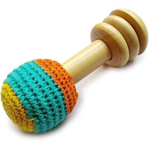 Shumee Handmade Non Toxic 5" Crochet Wooden Baby Rattle for Newborn(0 Months+) | 100% Child Safe | Wooden Rattle Shaker Toy | Easy to Hold | Gifts for New Born & Toddlers
