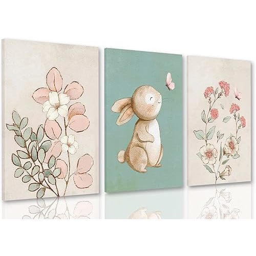 Dytila Framed Nursery Wall Art Set of 3, Pink Flower Botanical Pictures Wall Decor, Green Bunny Paintings, Cute Animal Canvas Prints for Girls and Boys Kids Room, Baby Room Decor 12x16 Inches