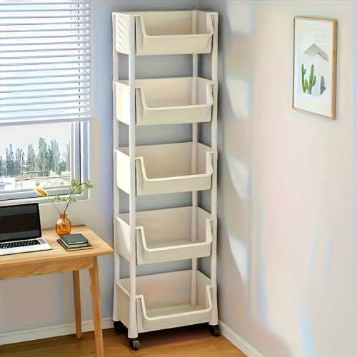 5 Tier Storage Rack with Wheels | Multi Layer Rolling Storage Cart | White Plastic Organizer for Living Room Bedroom Kitchen Bathroom Office Garage | Easy Assembly | 29x18.5x118cm