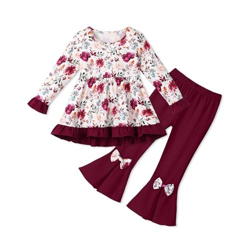 SOLOYEE Toddler Girl Clothes Girls Fall Winter Outfits, Ruffle Long Sleeved Floral Shirts Top + Bell-Bottoms Flare Pants Set