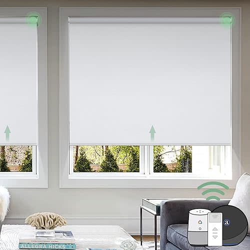 Yoolax Motorized Blinds with Remote, Blackout Smart Blinds for Windows Motorized Roller Shades, Automatic Window Shades Work with Alexa for Bedroom Living Room, Custom Size (Fabric White)