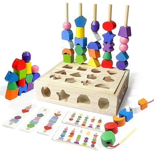 Montessori Wooden Beads Sequencing Toy Set, 3 in 1 Wooden Color Shape Sorters Toys, Lacing Beads Matching Stacking Box Game, Preschool Learning Toys for Kids Boy Girl Toddler 3 4 5 Year