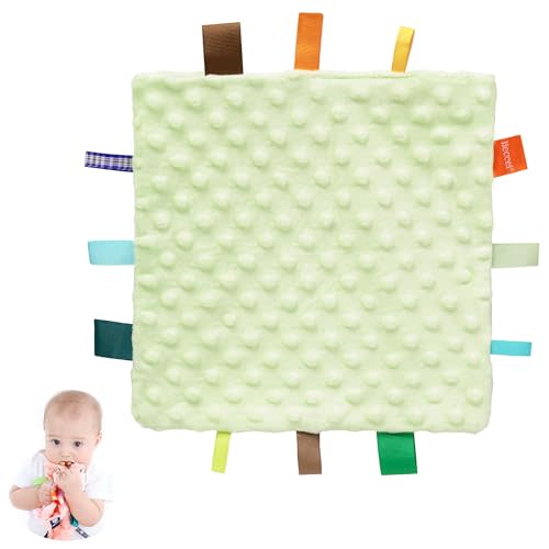 HECCEI Green Baby Security Blanket with Colorful Satin Tags, Infant Appease Blankets Toy, Taggies Blanktes - 10 x 10 inches Square Blanket for 3+ Months Babies Boys/Girls