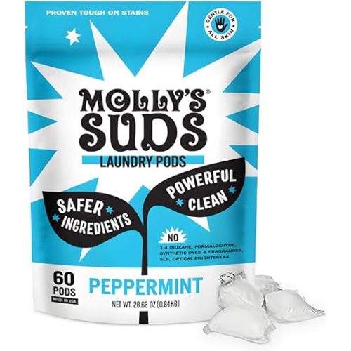 Molly's Suds Laundry Detergent Pods | Clean Detergent for Sensitive Skin | Ultra Concentrated and Stain Fighting | Peppermint - 60 Count