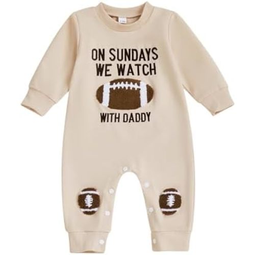 Lamuusaa Newborn Baby Girl Boy Football Outfit On Sundays We Watch Football Romper Long Sleeve Jumpsuit Fall Clothes 0-18M