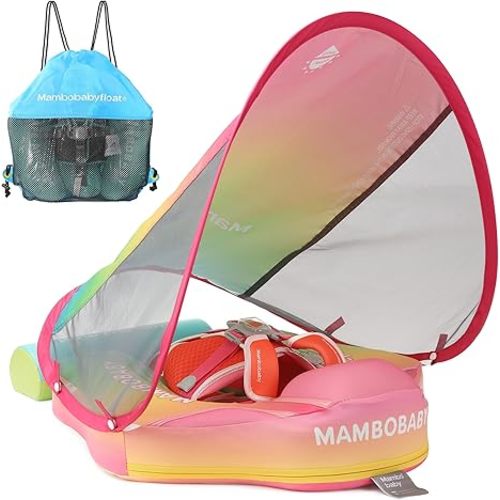 Mambobaby Float Add Tail Baby/Infant Swim Float with Canopy, Non-Inflatable Solid Upgrade Soft Waterproof Skin-Friendly Leather Material (Deluxe Edition Rainbow)