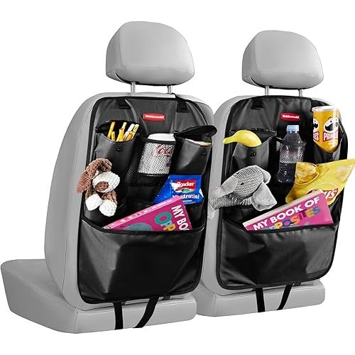 Rubbermaid Backseat Car Organizer, Kick Mats and Seat Back Protector, Car Organizer for Kids with 6 Storage Pockets, Travel Essentials for SUV, Truck, Car - 2 packs Black