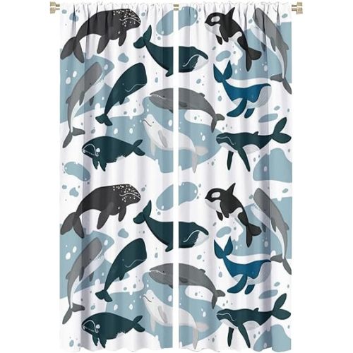 Cute Underwater Wildlife Blackout Curtains for Living Room,Cartoon Ocean Nautical Theme Shark Whales Pattern Window Drapes - Thermal Insulated and Noise Reduction,2 Panels 63L x 21W