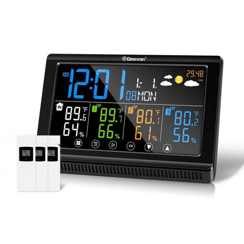 Geevon Wireless Indoor Outdoor Weather Station with 7.6'' Color Display, 3 Sensors, Temperature, Humidity, Barometer