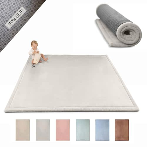 Stylish Coral Velvet Baby Play Mat for Floor 60"x80" Grey – Soft 1" Thick High-Density Memory Foam Nursery Rug, Kids Rug with Non-Slip Backing for Crawling & Playing, Playroom Rug, Kids Carpet