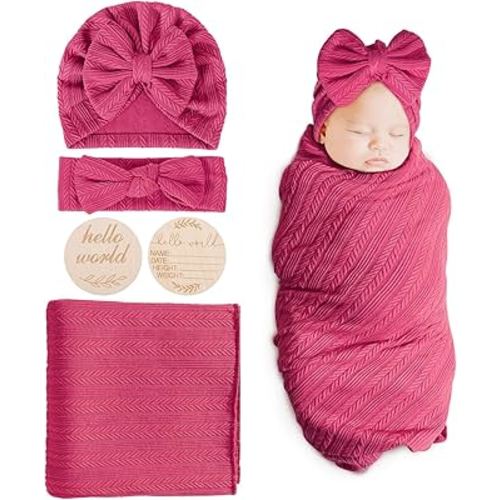 BQUBO Baby Swaddle Blankets for Girls, 4PCS Newborn Accessories Set with Hat and Bow Headband with Hello World Wooden Birth Announcement Card, Baby Blankets for Girls