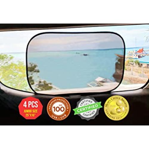 kinder Fluff Car Window Shade (4Pack)-The Only Certified Car Window Sun Shade for Baby Proven to Block 99.95% UVR - Mom's Choice Gold Award - Car Seat Sun Protection - Jumbo