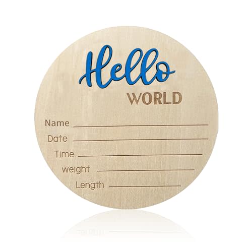 Baby Announcement Sign, ​5.9 Inch Wooden Hello World Newborn Signs, Birth Announcement Sign, Baby Shower Hospital Nursery for Newborn Boys and Girls… (Blue)