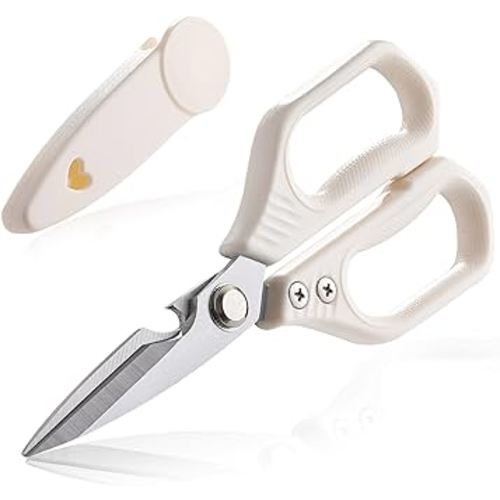 Kitchen Scissors, OLULU All Purpose Kitchen Shears with Protective Sheath, Heavy Duty Stainless Steel Cooking Shears for Chicken/Herb/Poultry/Fish/Meat (Dishwasher Safe, One Size, White)