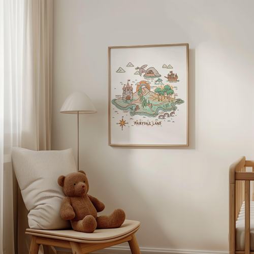 Fairytale Map, Whimsical Nursery Prints, Kids Wall Art, Fairytale Wall Art, Childrens Room Decor, HandDrawn Illustration, High-quality Print