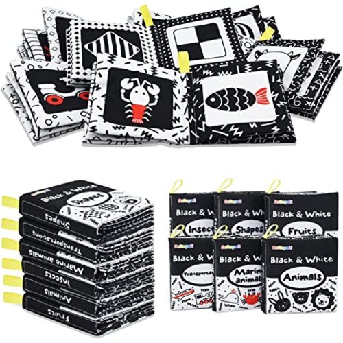 Dr.Rapeti Soft Cloth Books Baby Books Bath Books 6-Pack for Baby Infant Toddler Kids High Contrast Black and White Crinkle Washable Chewable Non-Toxic Early Educational Giftable