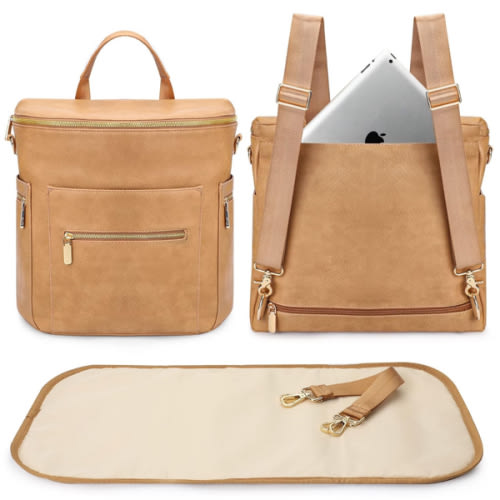 miss fong Diaper Bag Backpack Baby Diaper Bag, Large Leather Diaper Bag Backpack with 15 Pockets Diaper Bag Organizer, Changing Pad, Stroller Straps and 2 Insulated Pockets (Convertible, Peanut)