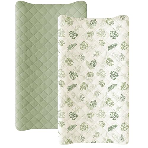 Konssy Waterproof Muslin Changing Pad Cover 2 Pack, Quilted Cotton Fitted Diaper Changing Table Cover, Soft Changing Pad Sheets for Girls Boys (Palm Paradise,Sage)