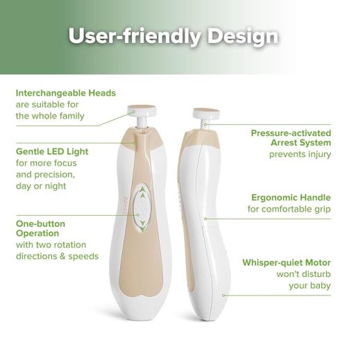 haakaa Baby Nail Care Electric Baby Nail File Kit with LED Light, Baby Nail Clippers for Newborn/Infants/Adults Toenails and Fingernails, 6 Replacement Heads & Storage Case, Acorn