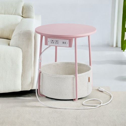 VASAGLE Side Table with Charging Station, Round End Table With Fabric Basket, with Power Outlets USB Ports Jelly Pink and Cream White