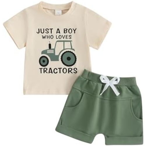 WZTYYDS Toddler Baby Boy Summer Clothes Tractor Letter Print Short Sleeve T-shirt Tops Casual Shorts 2 Piece Outfit