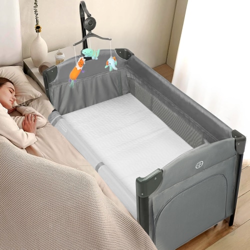 JOYMOR 3-in-1 Unisex Baby Bedside Bassinet, Convertible Portable Crib with Incline, Toy Wheels