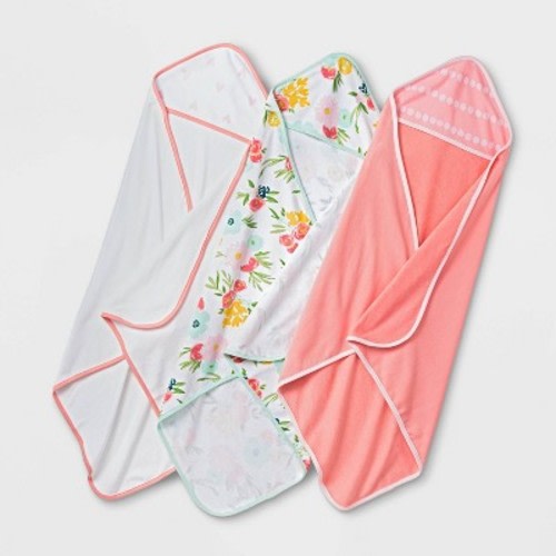 Baby Girls' 3pk Floral Fields Hooded Towel - Cloud Island™ Coral One Size