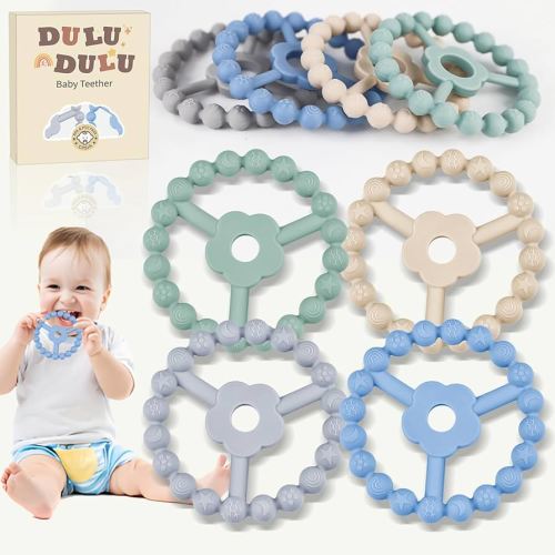 4 Pack Silicone Baby Teething Toys, Teething Rings for Babies 0-6 6-12 Months Newborn Baby Teethers Boy Relief Soothe Baby's Gums Infant Toys Gifts Baby Boys Girls Blue Green