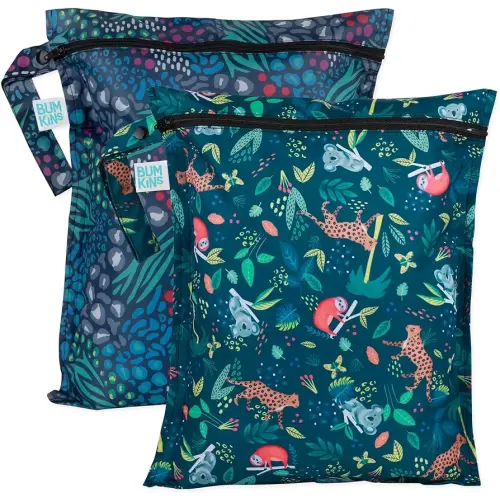 Bumkins Waterproof Wet Bag for Baby, Travel, Swim Suit, Cloth Diapers, Pump Parts, Pool, Gym Clothes, Toiletry, Strap to Stroller, Daycare, Zipper Reusable Bag, Packing Pouch, 2-pk Jungle and Animal