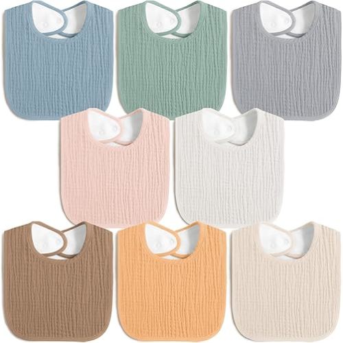 8 Pack Muslin 100% Cotton Baby Bibs for Unisex, Soft and Absorbent Gender Neutral Set for Feeding and Drooling