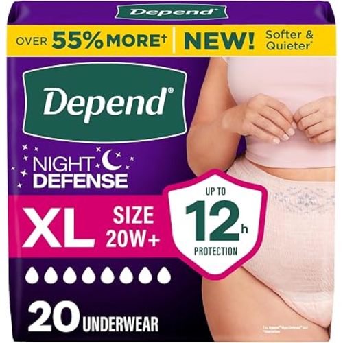 Depend Night Defense Adult Diapers, Incontinence & Postpartum Bladder Leak Underwear for Women, Disposable, Overnight, XL, Blush, 20 Count, Packaging May Vary