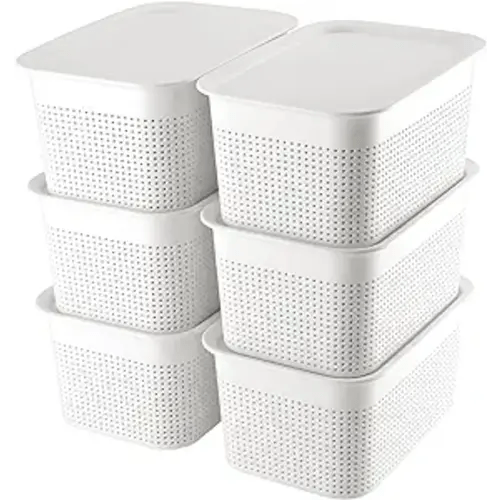 AREYZIN Plastic Storage Bins With Lid Set of 6 Baskets for Organizing Container Lidded Organizer Shelves Drawers Desktop Closet Playroom Classroom Office, White