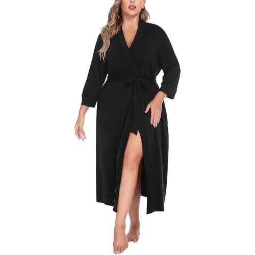 IN'VOLAND Womens Plus Size Kimono Robes Long Knit Bathrobe V Neck Ladies Loungewear Lightweight Soft Sleepwear 1X-5X