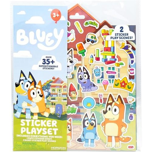 Horizon Group USA Bluey Sticker Playset, 2 Sticker Play Scenes, 35+ Reusable Puffy Bluey Repositionable Stickers for Kids, Perfect for Travel, Screen-Free Fun