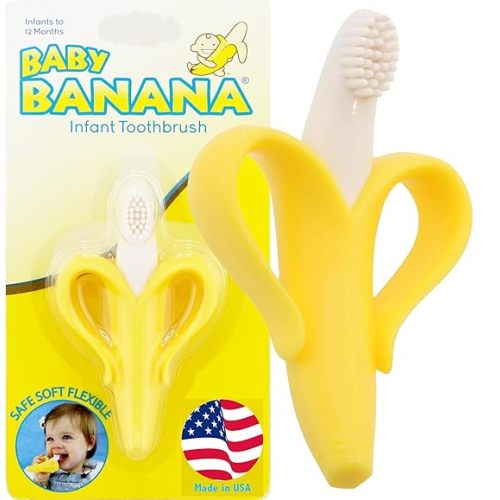The Original Baby Banana Toothbrush Teether Toy, for Babies Infants Toddlers; USA Family-Owned Business; Teething Relief for Sore Gums, Massaging Soothing; Safest Food Grade Silicone
